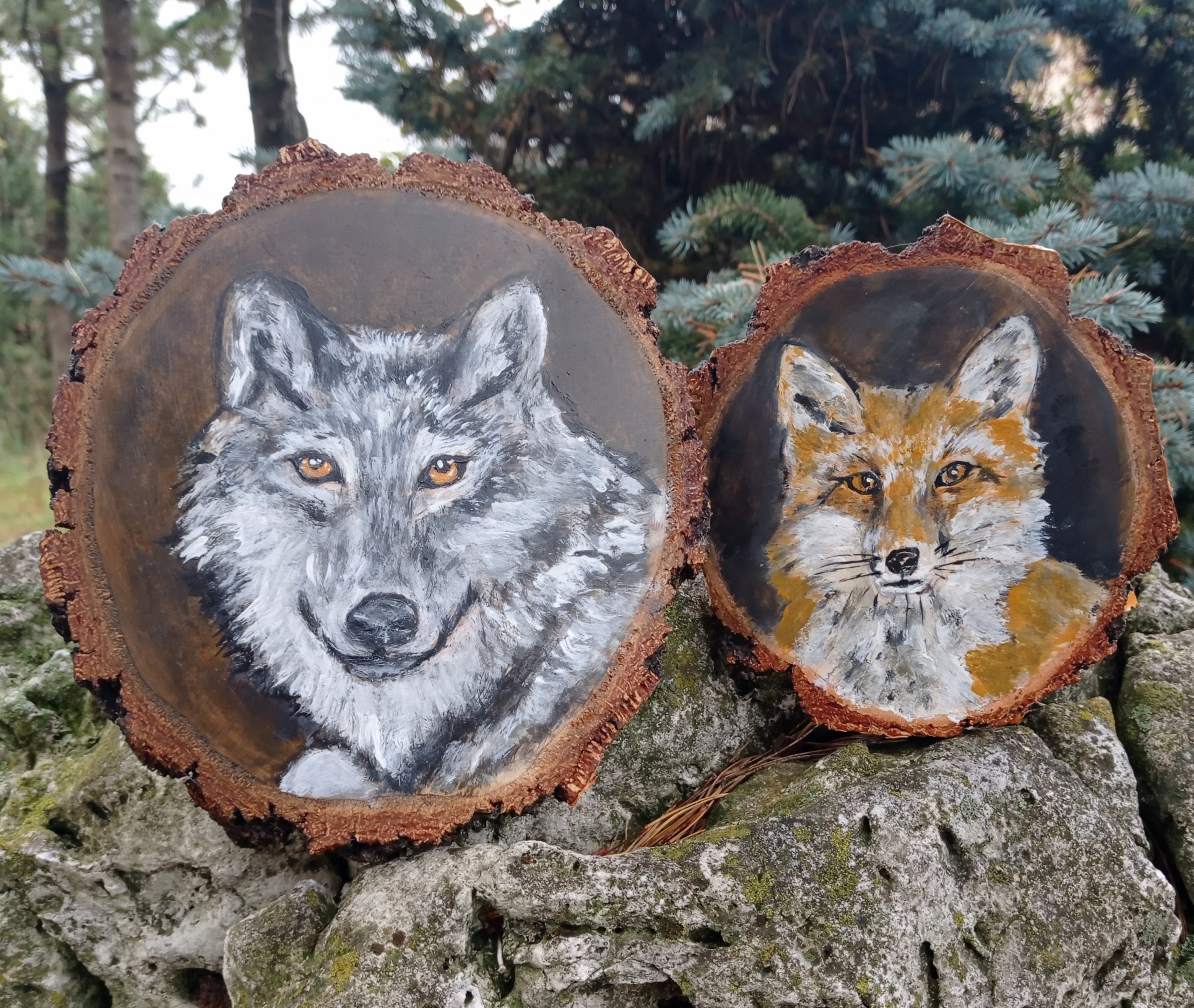 Wilk i lis na drewnie
